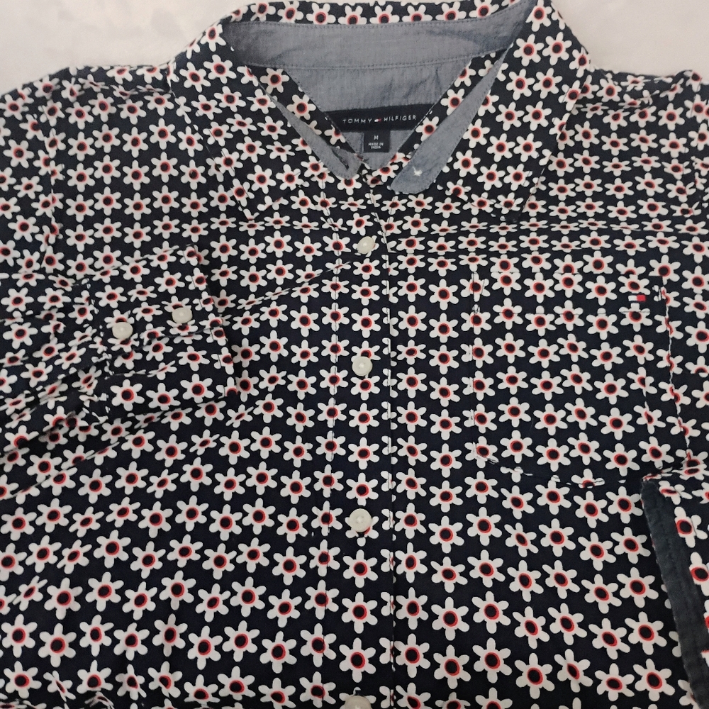 Tommy Hilfiger Womens Medium Navy Blue Floral Daisy Cotton Button Shirt L